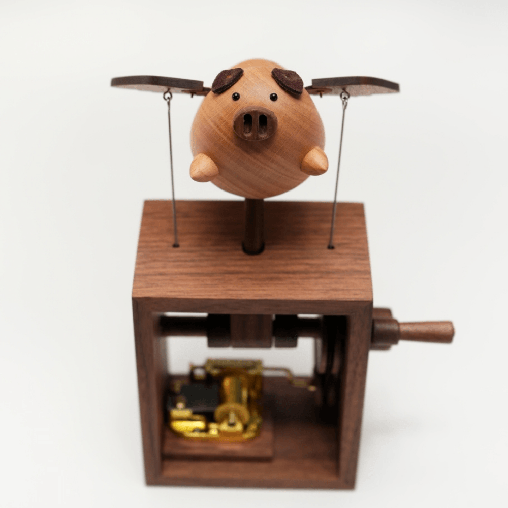 MarinerPoet™ Automate en bois fait main de cochon ange boîte à musique