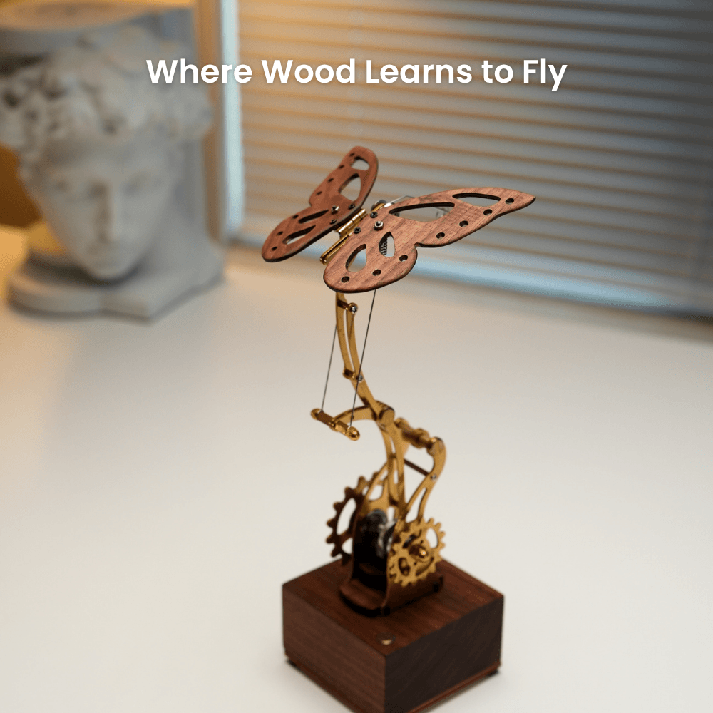 MarinerPoet Handcrafted Wooden Butterfly Automaton — Fluttering Kinetic Sculptur