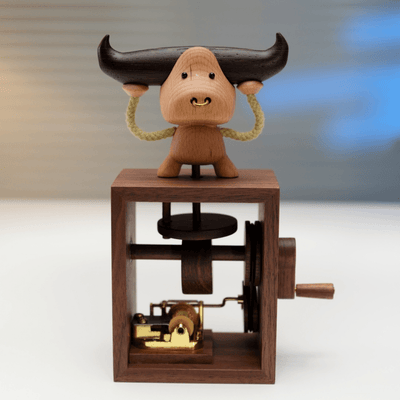 MarinerPoet™ Handcrafted Wooden Bull Music Box Automaton