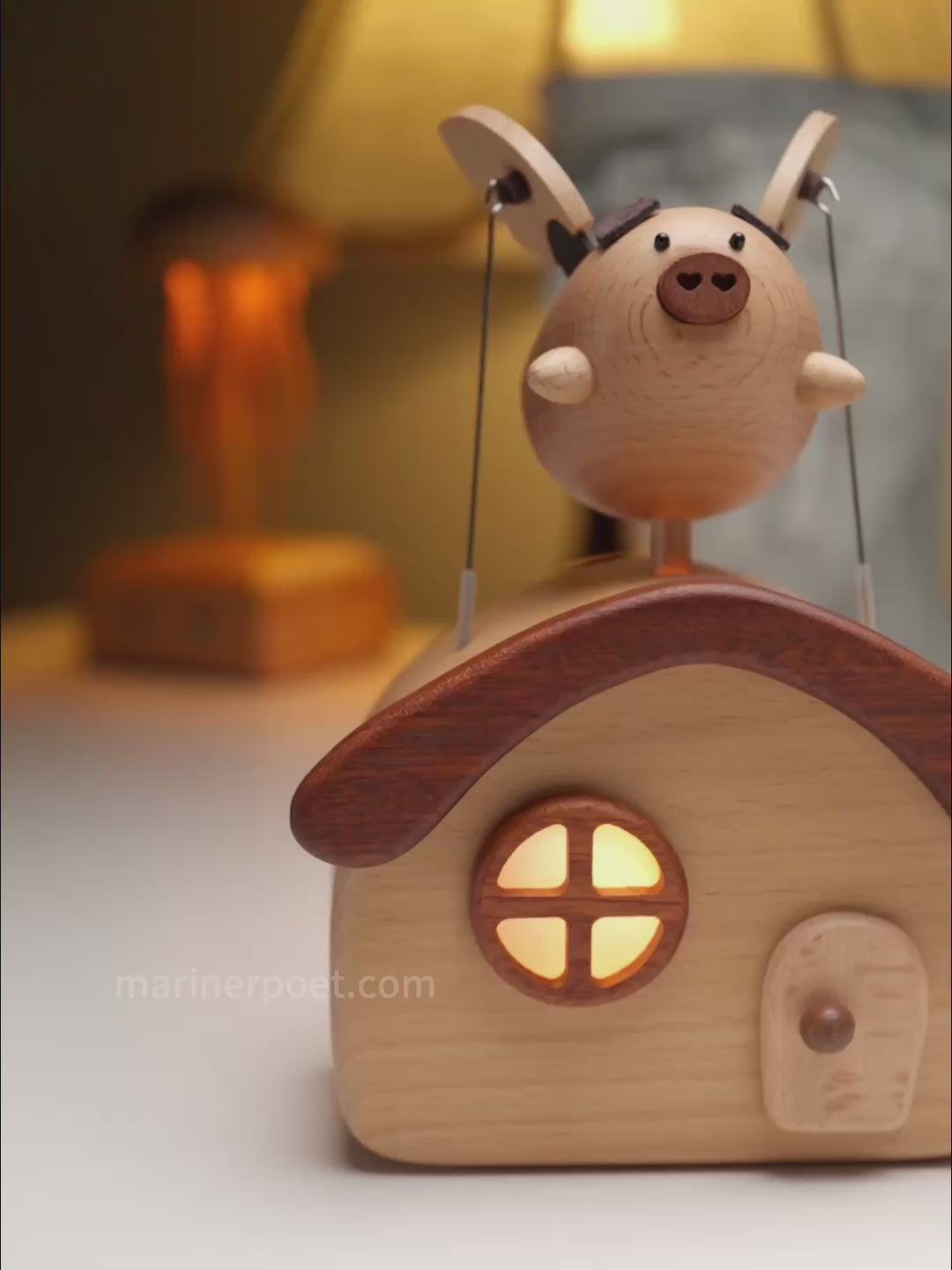 Load video: MarinerPoet Flying Pig Cottage – Wooden Automaton Night Light