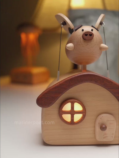 MarinerPoet Flying Pig Cottage – Wooden Automaton Night Light
